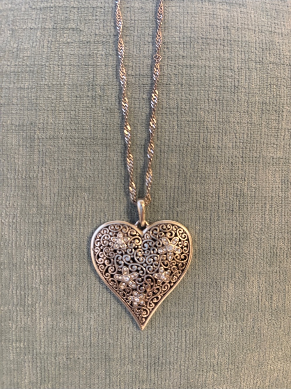 Brighton Long Silver Filigree Heart Pendant Necklace with Sparkling Accents